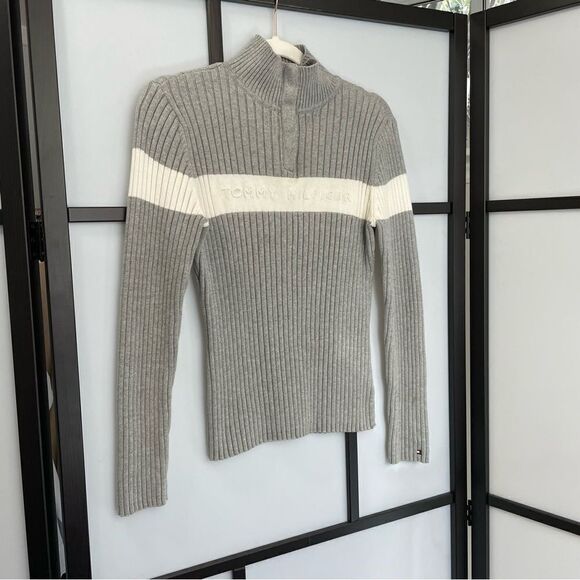 [M] y2k Tommy Hilfiger 1/2 Zip Ribbed Knit Creme & Grey Long Sleeve Top - Picture 2 of 14